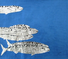 Into The Blue, mackerel, deep blue, shoal swimming free, paper art, collage