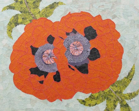 Poppies, paper art, collage, bright and green 